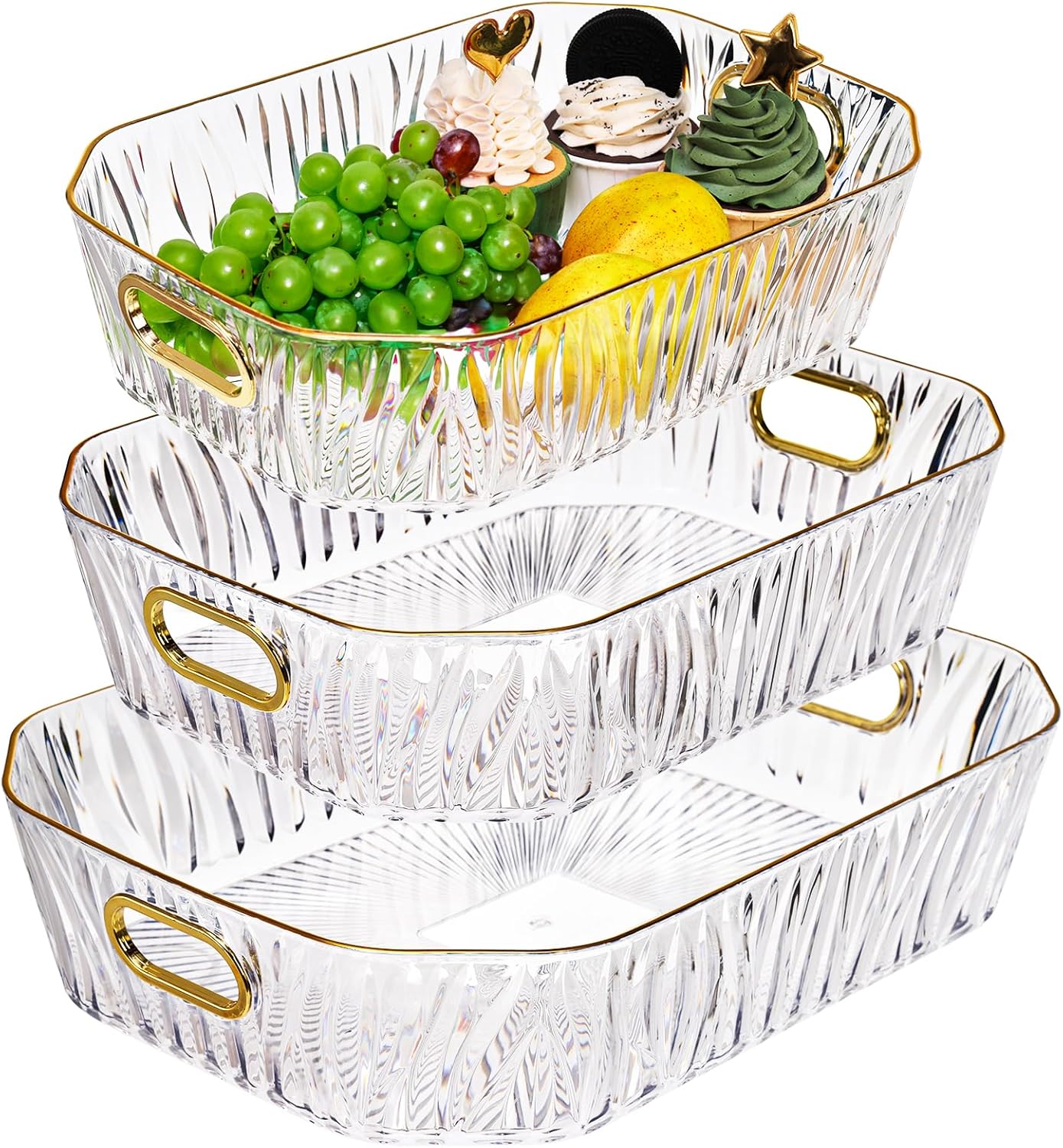 Clear Serving Tray Set with Handles – 3 Pack