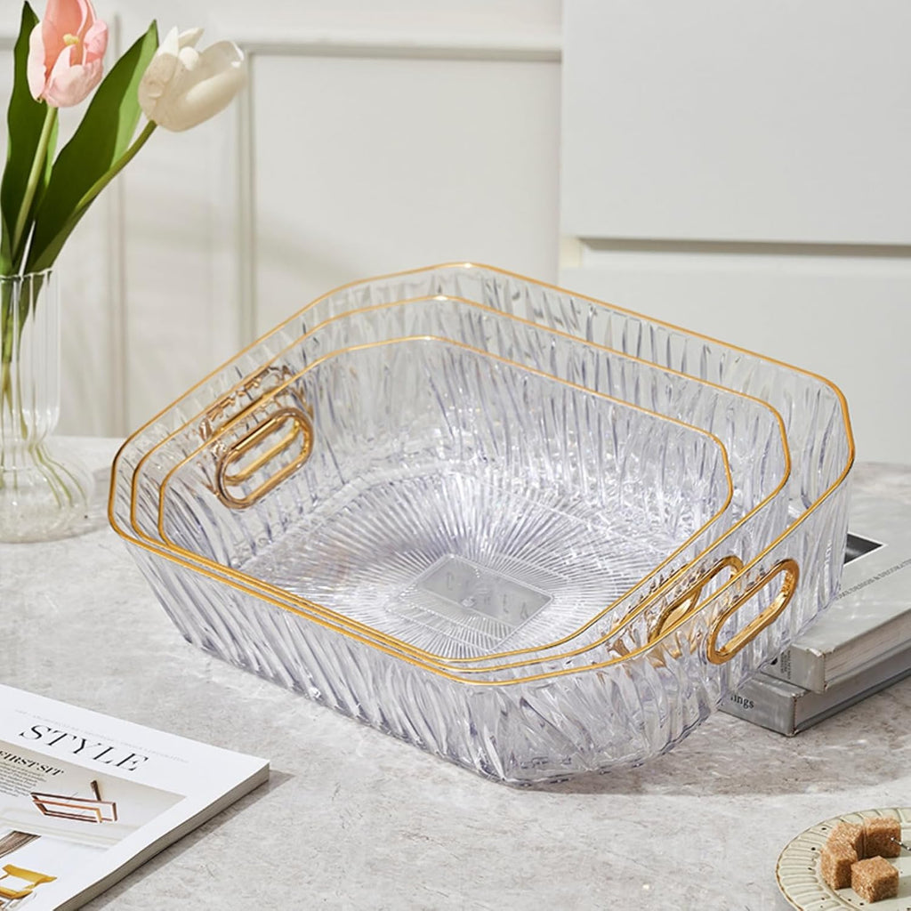 Clear Serving Tray Set with Handles – 3 Pack