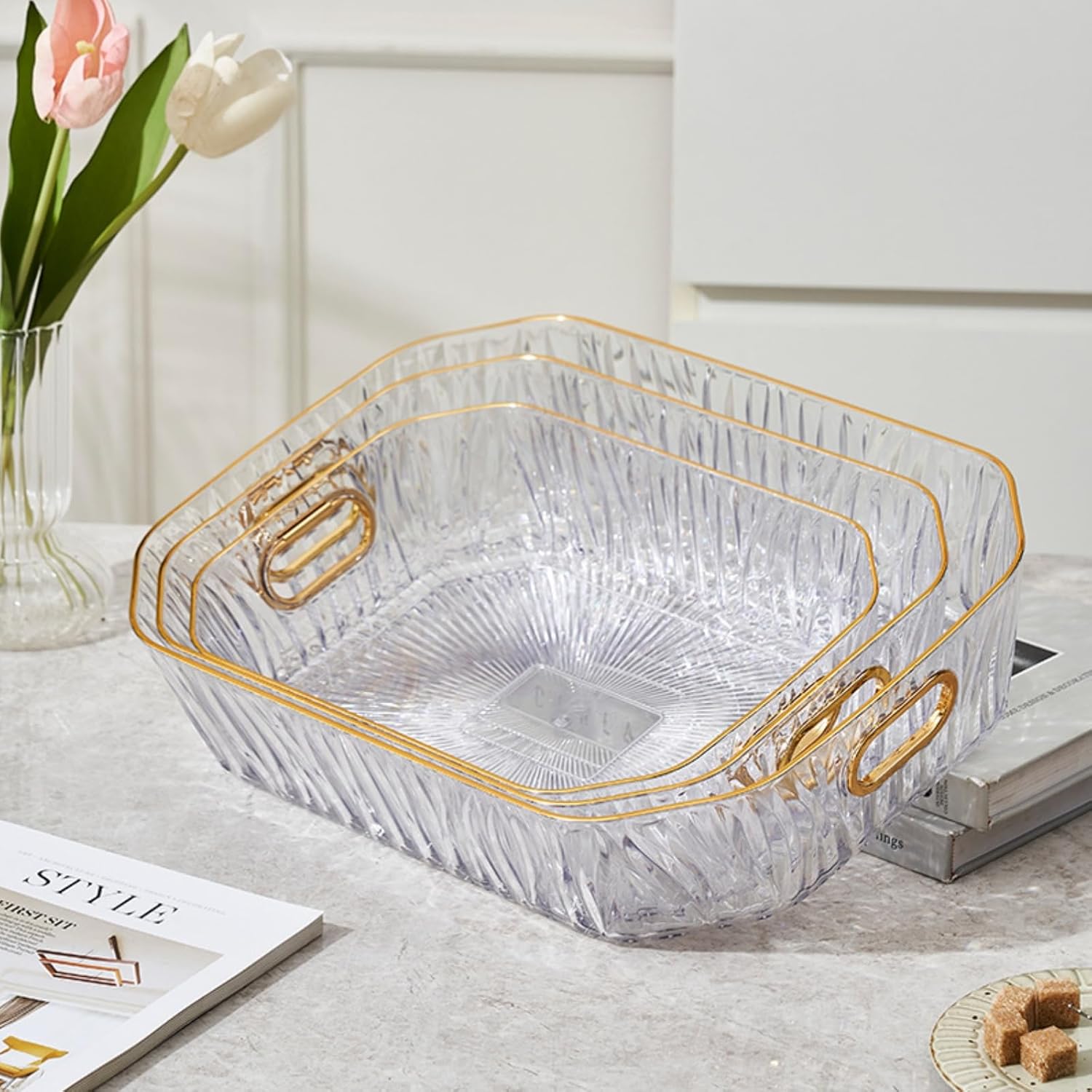 Clear Serving Tray Set with Handles – 3 Pack