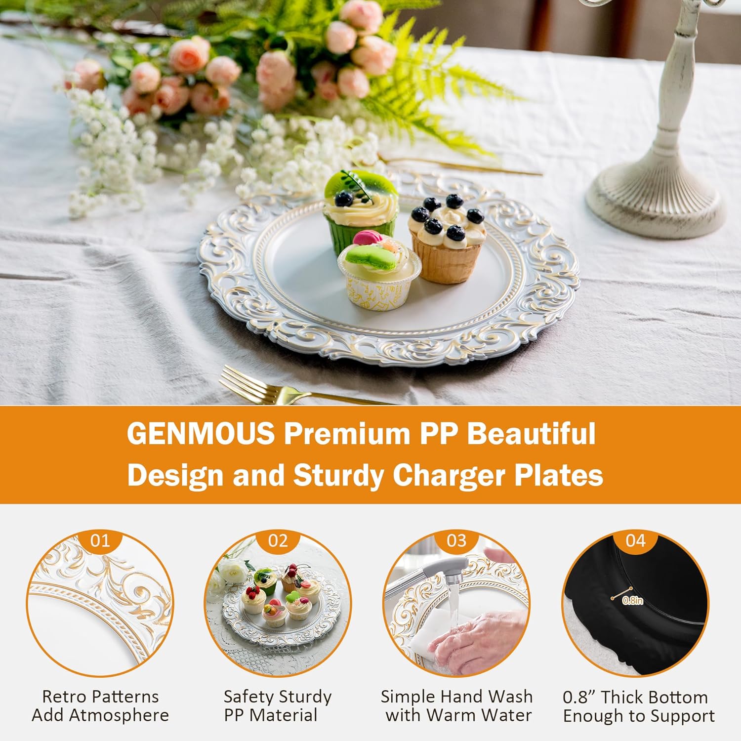Antique White Charger Plates – 13 Inch, Set of 8