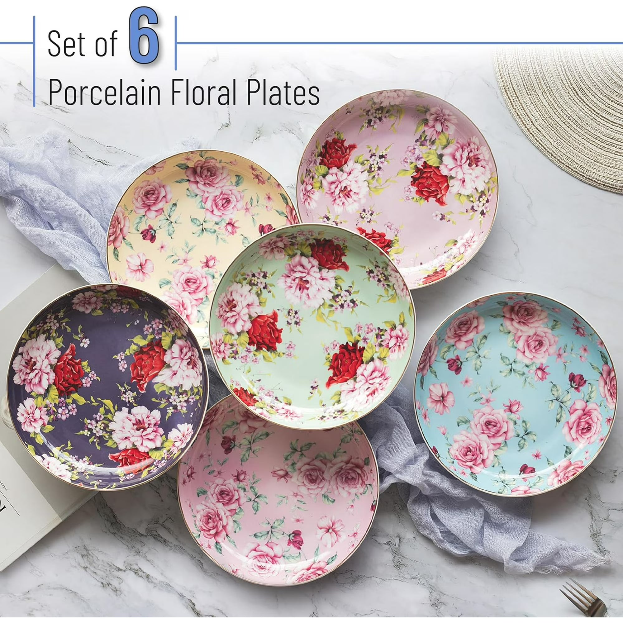 Floral Ceramic Dessert Plates – Set of 6, 8 Inch